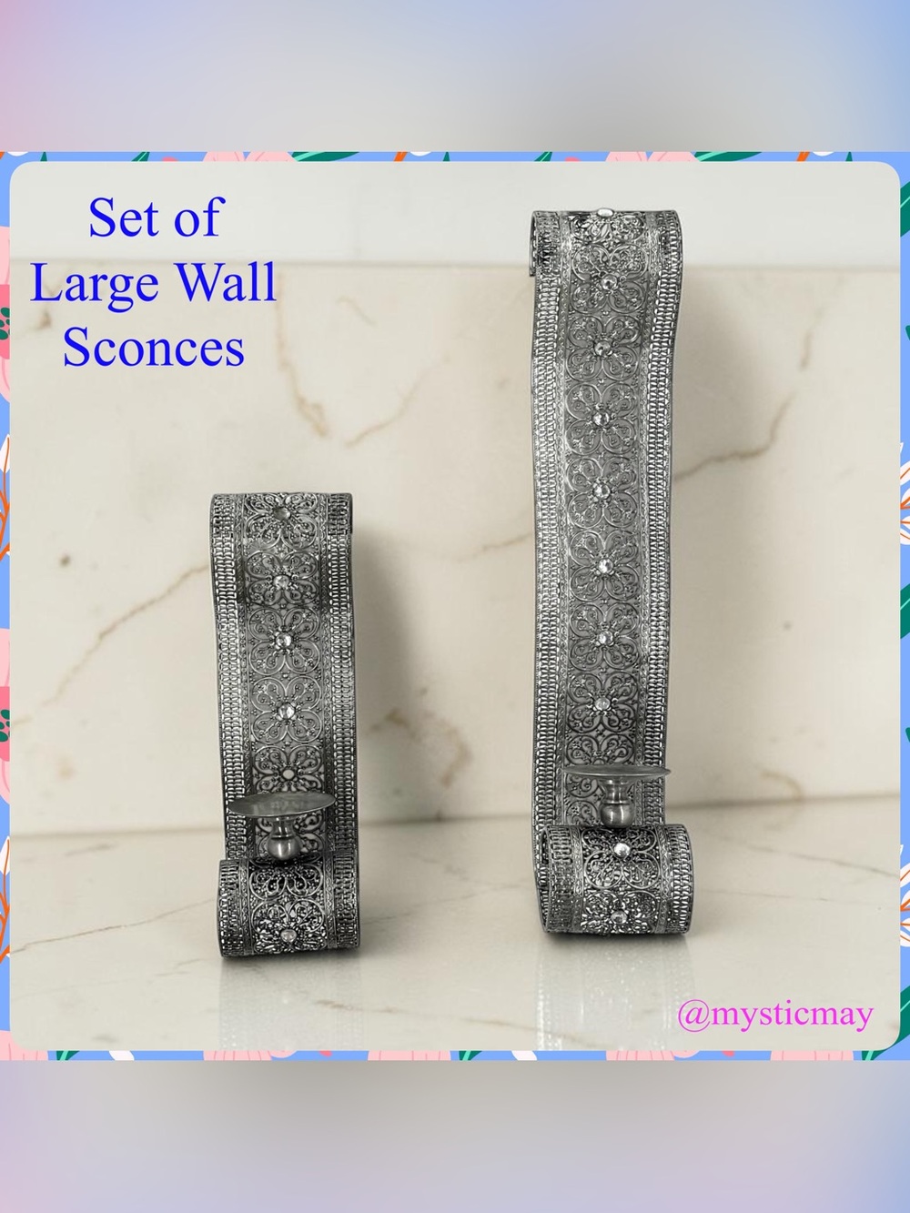 NEW Set of 2 Large Ornate PEWTER METAL PILLAR WALL SCONCES Ball Candle Holders
